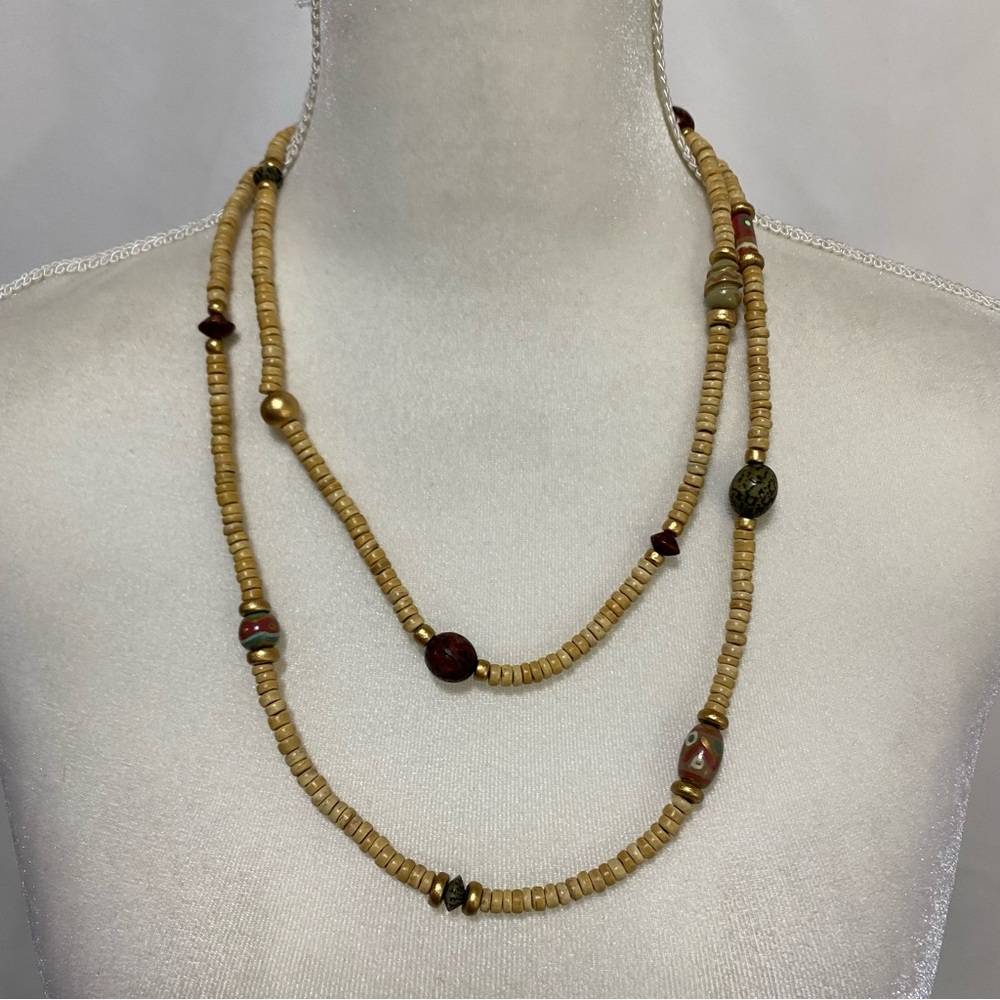 Layered Beige and Gold Seed-Bead Necklace with Multicolor Accents